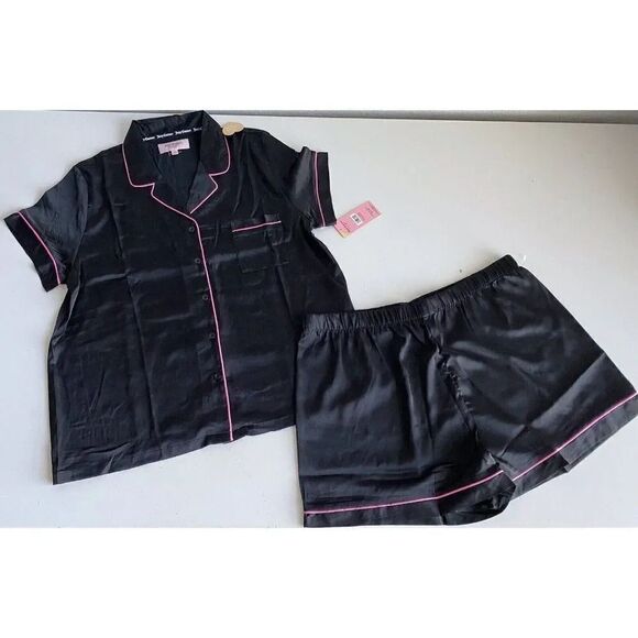 Juicy Couture Pj Set Women’s Sz L Rhinestones Studded Logo In Back Satin Black - Picture 1 of 13
